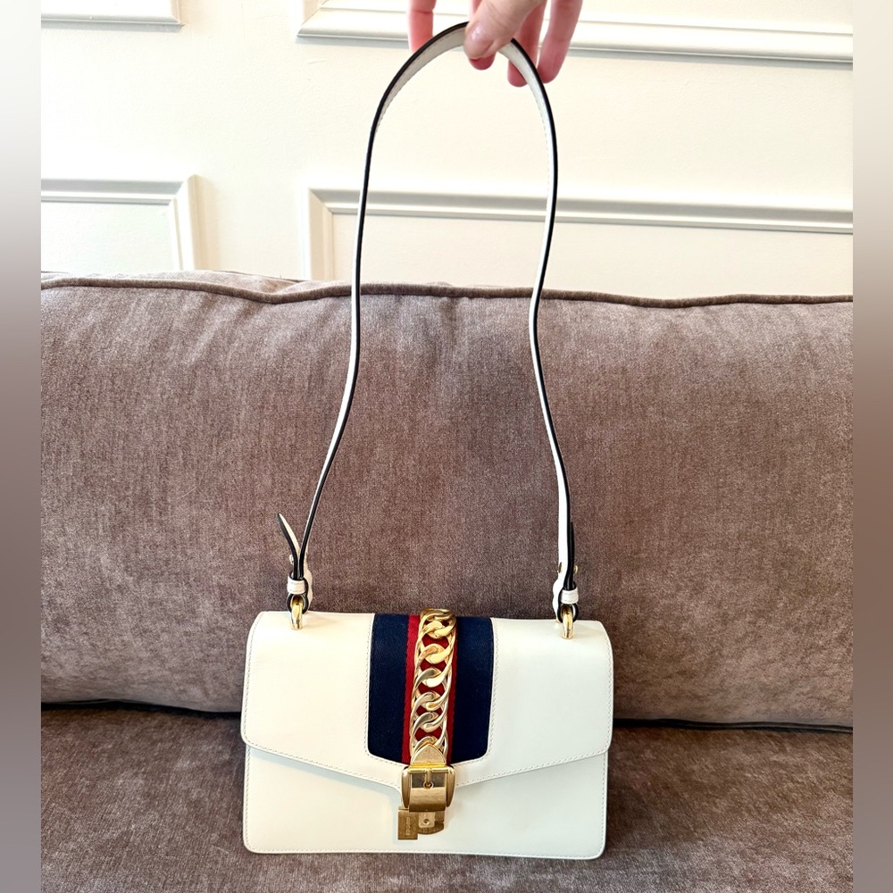 Gucci authentic Sylvie shoulder bag white leather navy red Web accents